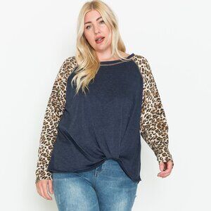 Plus Size Brown/Navy Leopard Long Sleeve Print with Hem Knot Top